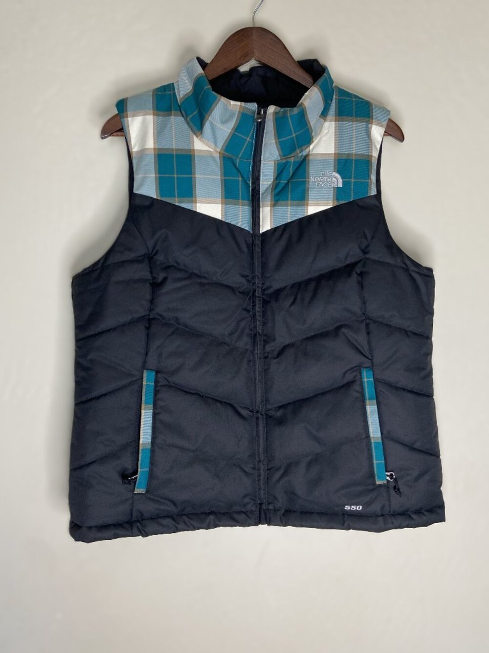 NORTHFACE vest 550 goose down plaid vest jack women teal/black L